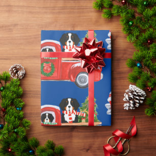 Kerst Berner Sennenhonden Rode Truck Blauw Cadeaupapier