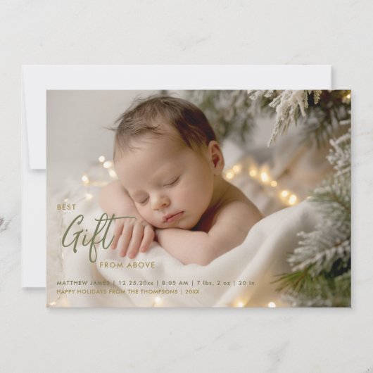 Kerst Beste Cadeau Kalligrafie Groene Baby Foto Aankondiging (Voorkant)