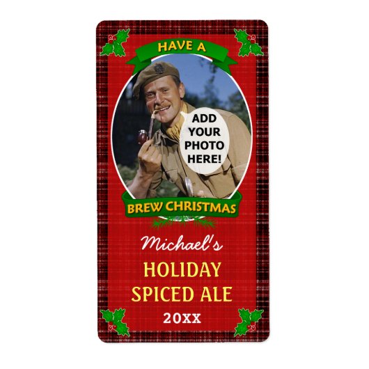 Kerst Bier Custom Foto Rood Plaid Homebrewing Etiket (Voorkant)