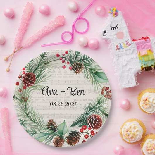 Kerst Blad Muziek Rode Berry Krans Trouwen Papieren Bordje (Feest)