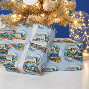 Kerst Blauw en Goud  Locomotief Cadeaupapier