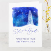 Kerst blauw en wit Stille Nacht besneeuwde boom Kaart (Gele Bloem)