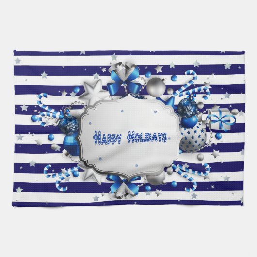 Kerst blauw gestreepte keukenhanddoek (Horizontaal)
