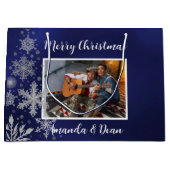 Kerst blauw sneeuwvlokken foto groot cadeauzakje (Voorkant)