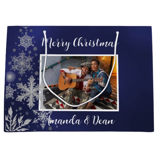 Kerst blauw sneeuwvlokken foto groot cadeauzakje (Voorkant)