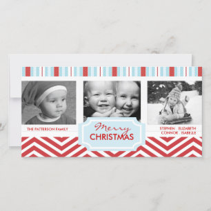 Kerst Blauwe Strepen Rood Chevron Vakantiefoto Feestdagenkaart