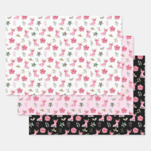 Kerst Bloem Roze Schaatsen Inpakpapier Vel