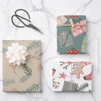 Kerst Bloemen en Geschenken Mix van 3 Inpakpapier Vel