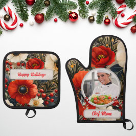 Kerst Bloemen Gepersonaliseerde Chef Mam Foto Ovenwant & Pannenlap Set