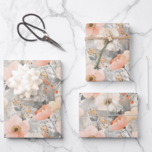 Kerst Bloemen Pastel Peach & Grey Waterverf Inpakpapier Vel