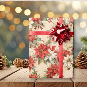 Kerst Bloemen Winter Grote Poinsettias Cream Cadeaupapier