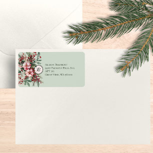Kerst Bloemige Waterverf Adres Monogram Etiket