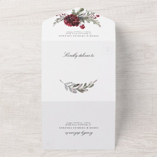 Kerst Bloemrijke Groene Waterverf Trouwfeest All In One Uitnodiging (Buitenkant)