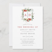 Kerst Bloemstuk Initiaal Rood en Groen Trouwfeest Kaart (Voorkant)