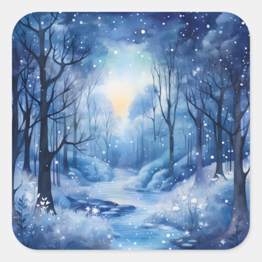 Kerst Blue Trees Bossen River Snowy Scene Vierkante Sticker (Voorkant)