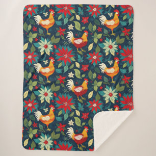Kerst Boerderij kippen en poinsettia's Sherpa Deken