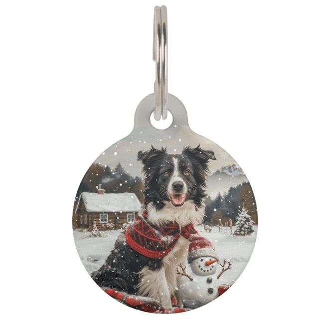 Kerst Border Collie Dog Snowman Huisdierpenning (Voorkant)