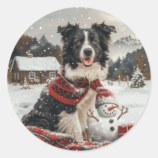 Kerst Border Collie Dog Snowman Ronde Sticker (Voorkant)