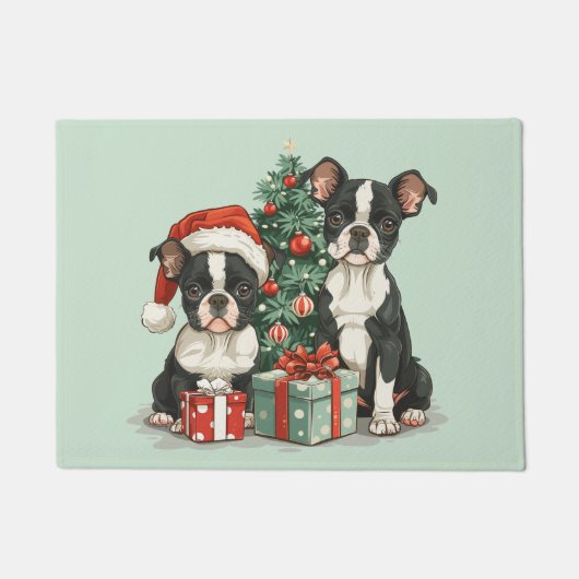 Kerst Boston Terrier Honden Deurmat (Voorkant)