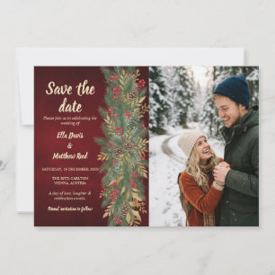 Kerst Botanische Koppel Foto van Rode Fluwelen Save The Date