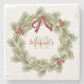 Kerst - Botanische witte rode monogram Stenen Onderzetter (Voorkant)