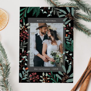 Kerst Botanische Zwarte Foto Vakantie Kaart
