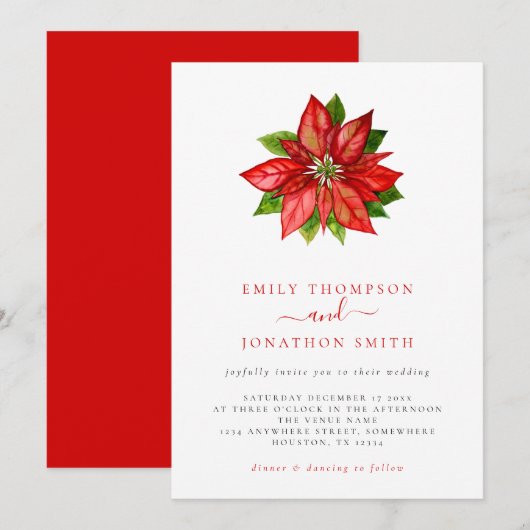 Kerst bruiloft single rode poinsettia uitnodiging (Voorkant / Achterkant)