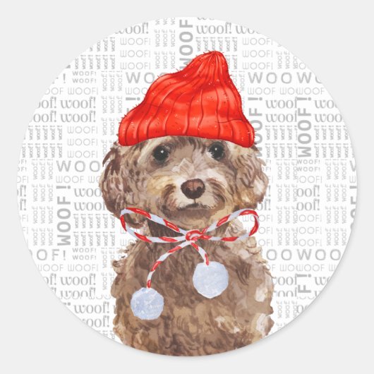 Kerst Bruin Cockapoo Dog Waterverf Santa Ronde Sticker (Voorkant)