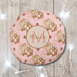 Kerst Bruin peperkoek Huis Roze Plaid Bomen Rond Kussen