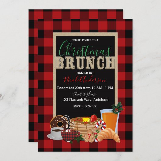 Kerst Brunch Rustiek Rood Zwart Buffalo Plaid Kaart (Voorkant / Achterkant)