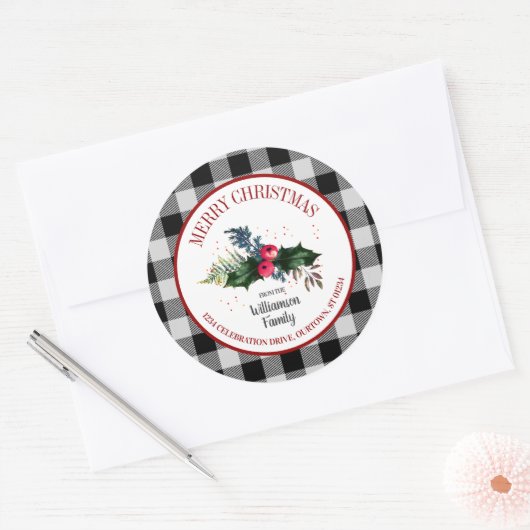 Kerst Buffalo Check en Holly Envelope Afdichtingen Ronde Sticker (Envelop)