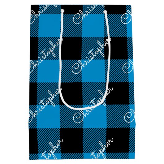 Kerst Buffalo Plaid Custom Name Rustic Blue Medium Cadeauzakje (Achterkant)
