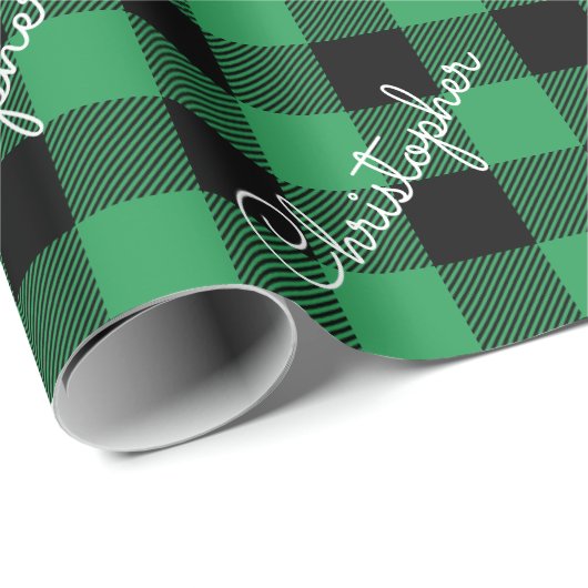 Kerst Buffalo Plaid Custom Name Rustic Green Cadeaupapier (Rol Hoek)