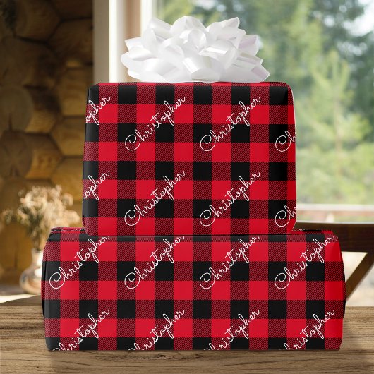 Kerst Buffalo Plaid Custom Name Rustic Red Cadeaupapier