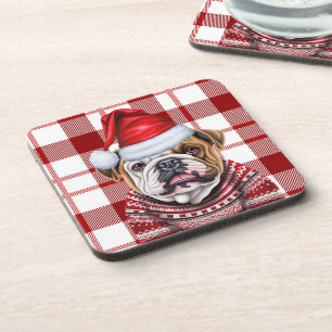 Kerst Bulldog Red Plaid Vakantie Bier Onderzetter