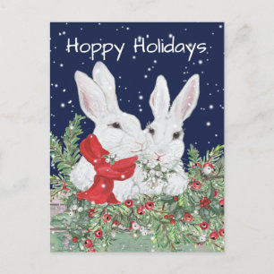 Kerst Bunny Rabbits Snowy Holly Berry Vakantie Feestdagenkaart