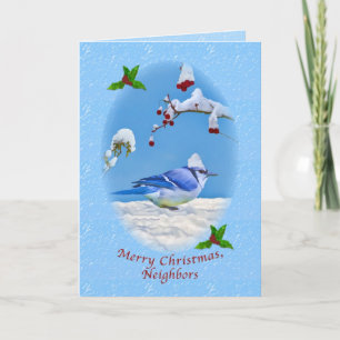 Kerst, buren, blauwe vogel en sneeuw feestdagen kaart
