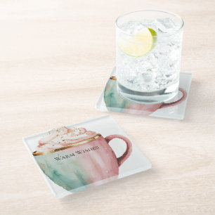 Kerst Cacao Goud Roze Munt Warm Wishes Glazen Onderzetter