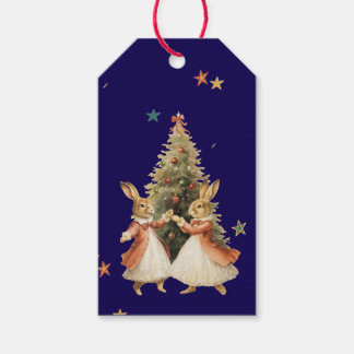 KERST CADOETJE DANSENDE KONIJNTJES MET BOOM CADEAULABEL
