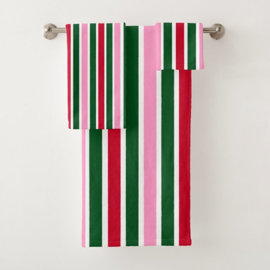 Kerst Candy Cane Stripes in Roze Groen en Rood Bad Handdoek (Insitu)