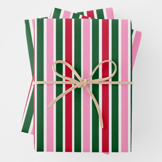 Kerst Candy Cane Stripes in Roze Groen en Rood Inpakpapier Vel (In situ)