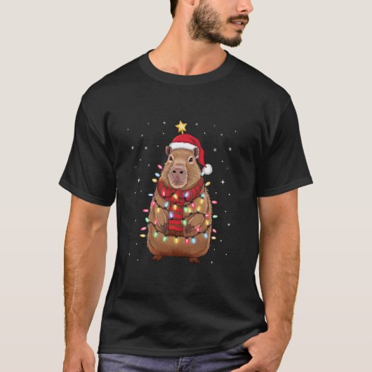 Kerst Capybara met Kerstman Hoed kerstverlichting  T-shirt (Voorkant)