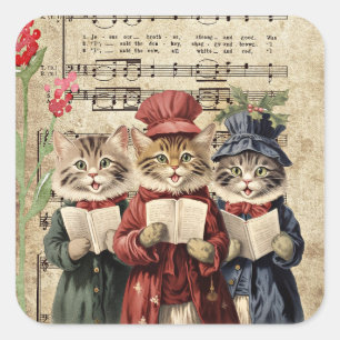 Kerst Caroling Cats Vierkante Sticker