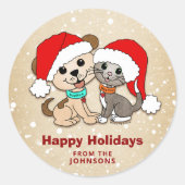 Kerst Cartoon Kat Hond Ronde Sticker (Voorkant)