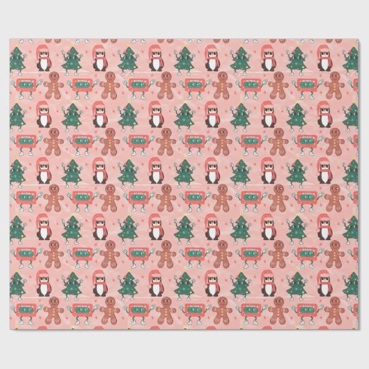 Kerst Casset Tapes, Bomen, Pinguïns en Ginger Cadeaupapier (Vlak)