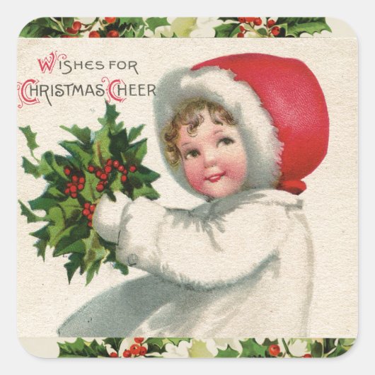 Kerst Cheer  Holly Meisje Vakantie Vierkante Sticker (Voorkant)