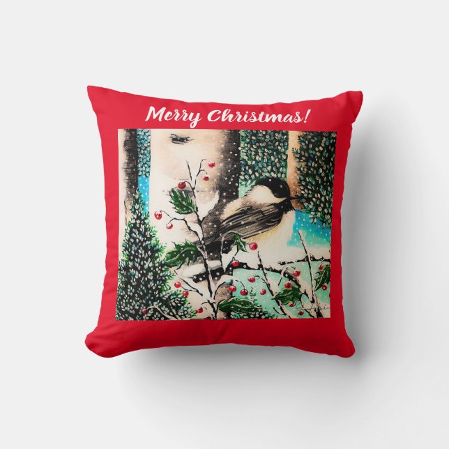Kerst Chickadee Chatter Rood Kussen (Voorkant)