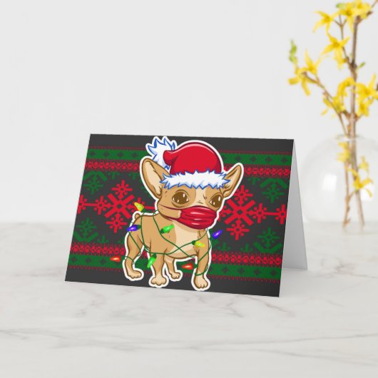 Kerst Chihuahua met een mondkapje Kaart (Gele Bloem)