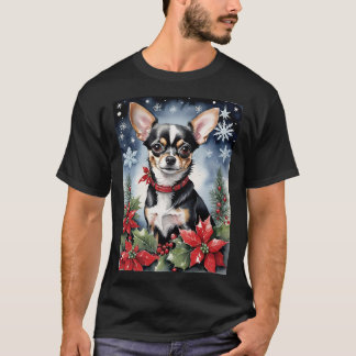 Kerst Chihuahua Met Poinsettia's & Sneeuwvlokken T-shirt