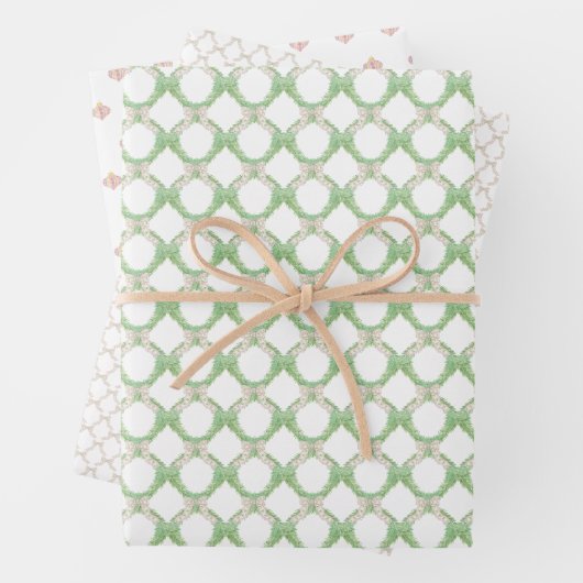 Kerst Chinoisserie Trellis Roze Coquette Bow Inpakpapier Vel (In situ)